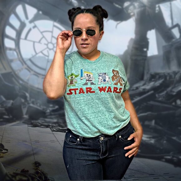 Disney Starwars Tetris Graphic Shirt Yoda, Darth Vader, R2-D2 Robot, RARE Tee - Picture 1 of 11